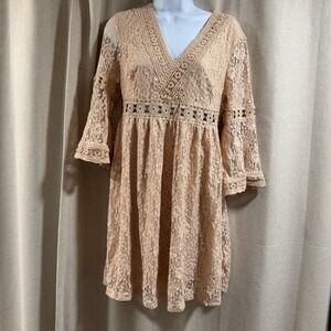 Lace Mini‎ Dress Beige V Neck 3/4 Bell Sleeve Crochet Trim Boho Casual Party